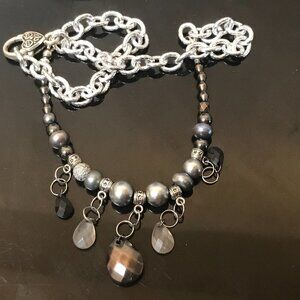 Handmade Fringe Necklace Bib Choker Chain NWT Beaded Silver Pearl Biker Festival